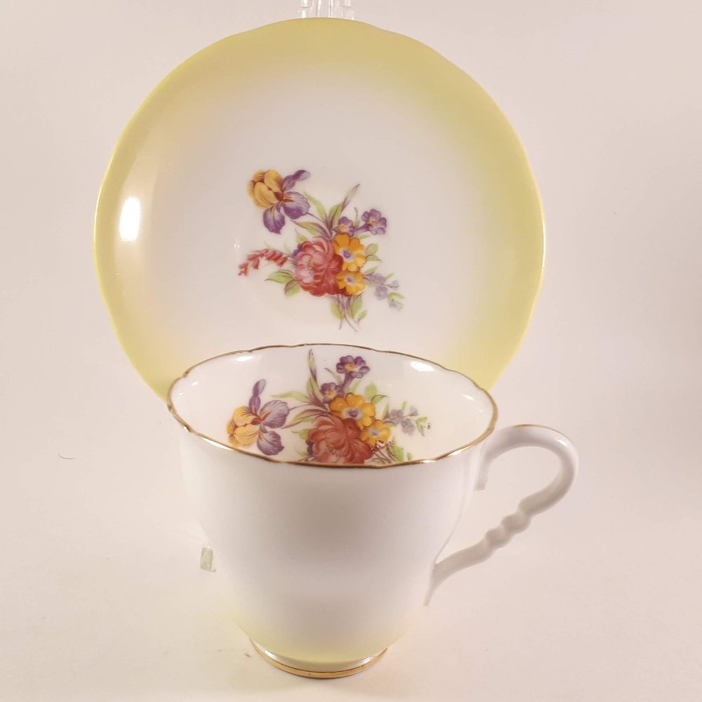 Vintage Royal Stafford Bone China Tea Cup & Saucer Yellow With floral Pattern